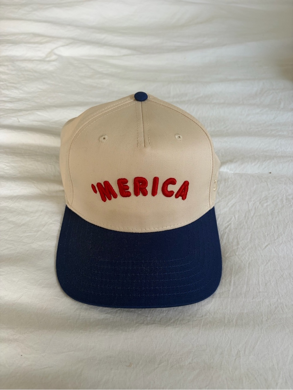 Two-Tone Beige and Navy Baseball Cap with Red 'MERICA Embroidery